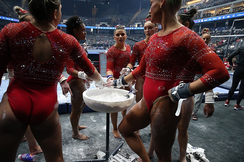 Arkansas gymnasts are shown at the SEC Championships on Saturday, March 19, 2022, in Birmingham, Ala. (SEC Pool Photo)