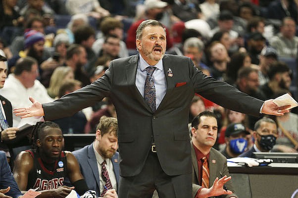 New Mexico State coach Chris Jans is shown during an NCAA Tournament game against Arkansas on Saturday, March 19, 2022, in Buffalo, N.Y.