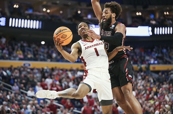 Arkansas guard JD Notae (1) goes up for a shot during an NCAA Tournament game against New Mexico State on Saturday, March 19, 2022, in Buffalo, N.Y.