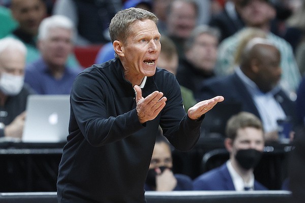 Gonzaga head coach Mark Few reacts near the bench during the second half of a first round NCAA college basketball tournament game against Georgia State, Thursday, March 17, 2022, in Portland, Ore. (AP Photo/Craig Mitchelldyer)