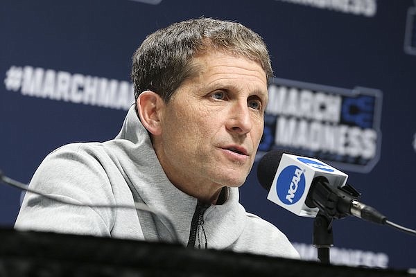 Arkansas coach Eric Musselman speaks to reporters during an NCAA Tournament news conference Wednesday, March 16, 2022, in Buffalo, N.Y.