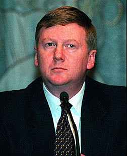 Anatoly Chubais, seen in this March 6, 1997 file picture, was named first deputy prime minister of the Russian government Monday, March 17, 1997. 
(AP Photo/Sergei Karpukhin)