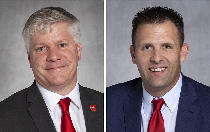 Walter Burgess (left), owner and operator of the laser manufacturer Power Technology Inc., and R.J. Hawk, host and producer of the morning drive-time show on KABZ, 103.7-FM, are facing off in the May 24 Republican primary for the House District 81 seat. Both men are from Bryant.