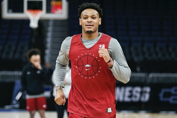 Arkansas guard Au’Diese Toney (5) warms up, Wednesday, March 23, 2022 during a practice before the Sweet 16 round of the 2022 NCAA Division 1 Men's Basketball Championship at Chase Center in San Francisco, Calif. Check out nwaonline.com/220324Daily/ and nwadg.com/photos for a photo gallery.