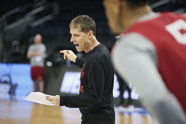 Arkansas coach Eric Musselman is shown during practice Wednesday, March 23, 2022, in San Francisco.
