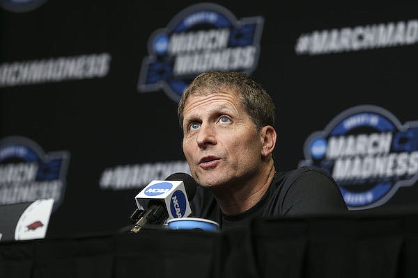 Arkansas coach Eric Musselman is shown during an NCAA Tournament press conference Wednesday, March 23, 2022, in San Francisco.
