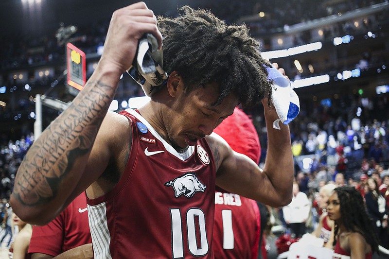 Arkansas forward Jaylin Williams (10) reacts, Saturday, March 26, 2022 after the Arkansas loss to Duke in the Elite 8 round of the 2022 NCAA Division 1 Men's Basketball Championship at Chase Center in San Francisco, Calif. Check out nwaonline.com/220327Daily/ and nwadg.com/photos for a photo gallery...(NWA Democrat-Gazette/Charlie Kaijo)
