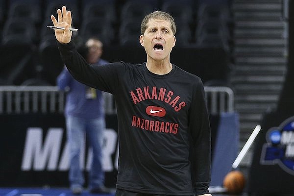 Arkansas basketball coach Eric Musselman is shown during an NCAA Tournament practice Wednesday, March 23, 2022, in San Francisco.