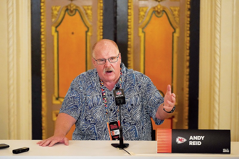 Chiefs coach Andy Reid speaks to journalists at a coaches press availability Monday during the NFL owner’s meeting in Palm Beach, Fla. (Associated Press)