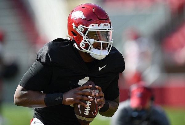 Arkansas quarterback KJ Jefferson is shown during practice Tuesday, March 29, 2022, in Fayetteville.