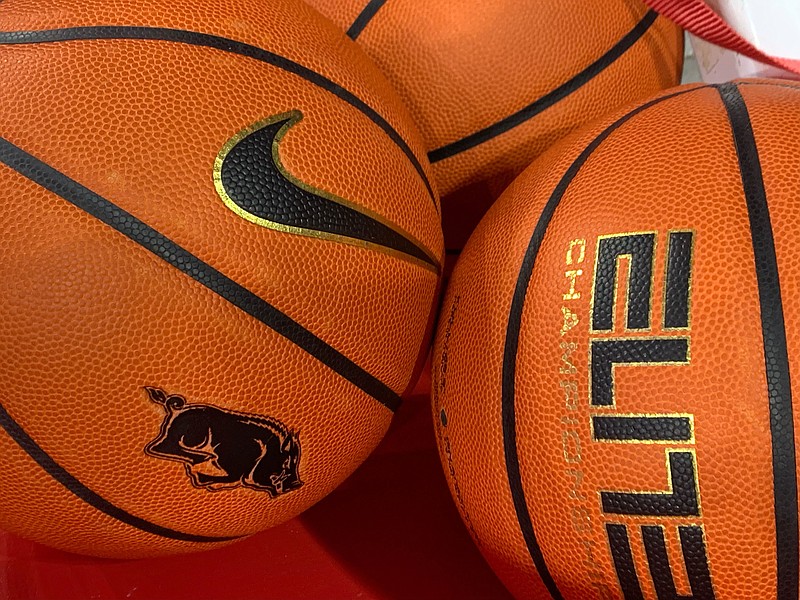 Basketballs are shown prior to an Arkansas game in Fayetteville.