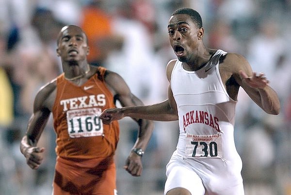 Arkansas' Tyson Gay reacts as he crosses the finish line with a time of 10.06 to win the NCAA men's 100-meter dash during the NCAA Outdoor Track & Field Championships on Friday, June 11, 2004, in Austin, Texas.