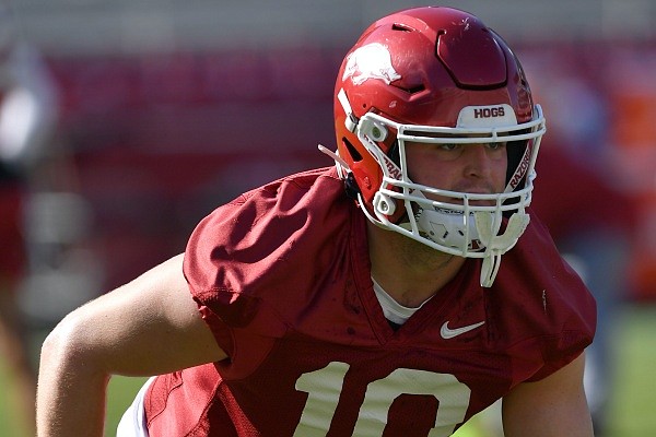 Arkansas linebacker Bumper Pool takes part in a drill Tuesday, March 15, 2022, during practice at Razorback Stadium in Fayetteville. Visit nwaonline.com/220316Daily/ for the photo gallery.