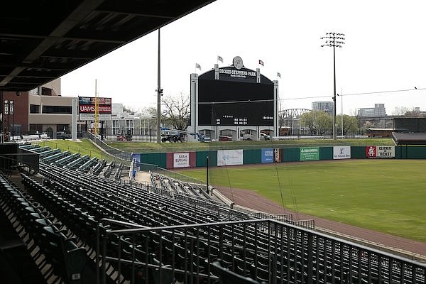 A new video scoreboard is shown Monday, April 4, 2022, at Dickey-Stephens Park in North Little Rock.