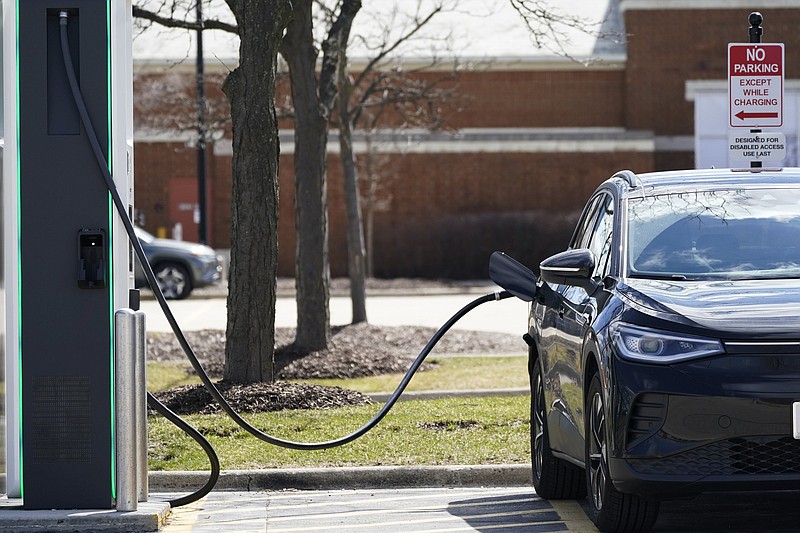 An Electrify America Charging Station for electric vehicles is in use at Woodfield Village Green in Schaumburg, Ill., on April 1. A wave of new electric-vehicle charging stations across the country is coming as interest in alternatives to gasoline-powered vehicles is on the rise and could heighten further because of higher gasoline prices.
(AP/Nam Y. Huh)