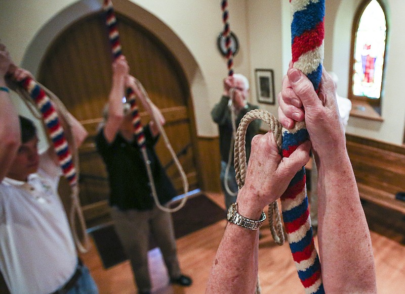 Ropes are used to ring the bells at Trinity Episcopal Church in Little Rock in this April 23, 2017, file photo. (Arkansas Democrat-Gazette file photo)