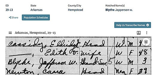 According to census records, a Japperson W. Blythe lived in Hope in 1950. But that person was really Bill Clinton, whose name was William Jefferson Blythe at the time. The National Archives and Records Administration used an “optical character recognition” technology tool to transcribe the handwritten census records, but it wasn’t always right. The public is being asked to help correct mistakes in the records.
(National Archives and Records Administration)