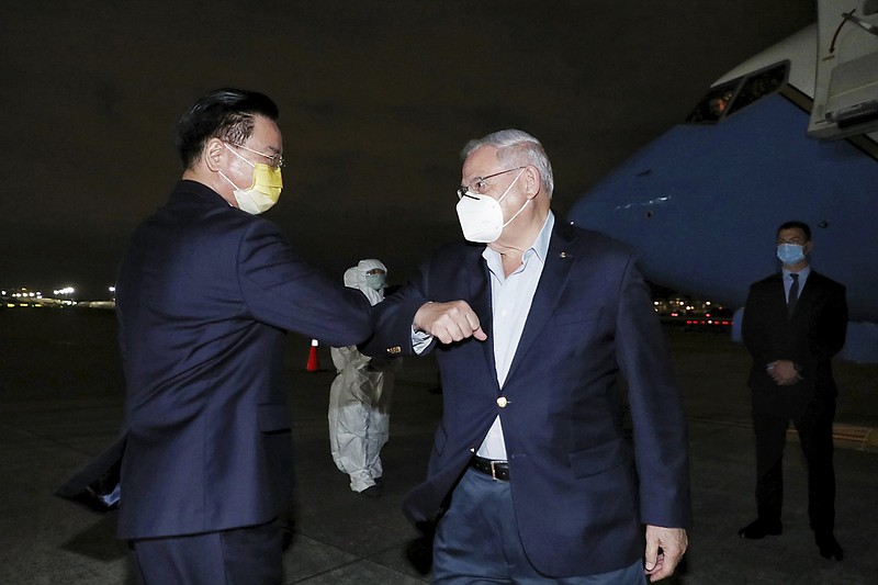 Taiwan’s Foreign Minister Joseph Wu (left), greets Sen. Bob Menendez, D-N.J., as he arrives on Thursday in Taipei, Taiwan.
(AP/Taiwan Ministry of Foreign Affairs)