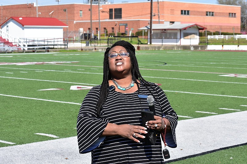 Barbara Warren, superintendent of the Pine Bluff School District, addresses high school students at Pine Bluff High School's Jordan Stadium in this Thursday, March 31, 2022 file photo. The students were engaged in a walkout. (Pine Bluff Commercial/I.C. Murrell)