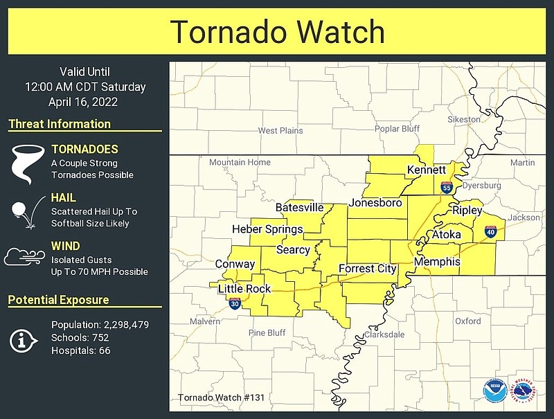 A tornado watch has been issued for parts of Arkansas, Missouri and Tennessee until midnight Friday, April 15, 2022, as seen in this graphic from the National Weather Service.
