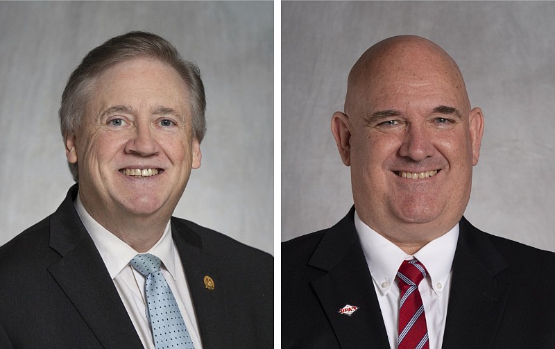 Arkansas state Rep. Mark Lowery (left), R-Maumelle, and state Sen. Mat Pitsch, R-Fort Smith, are shown in this undated combination photo. The two are running for the Republican nomination for Arkansas treasurer.
