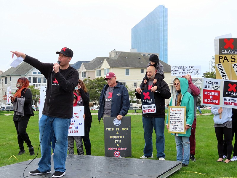Pete Naccarelli, a dealer at the Borgata casino, speaks at a rally in Atlantic City, N.J. last week, to call on the state Legislature to pass a bill to ban smoking inside the nine casinos.
(AP/Wayne Parry)