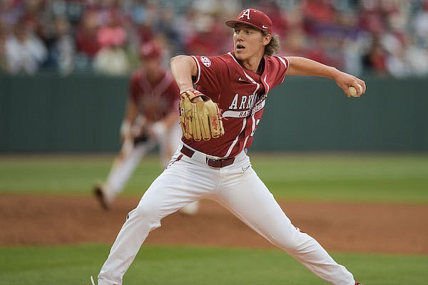 Arkansas pitcher Hagen Smith throws during a game against LSU on Friday, April 15, 2022, in Fayetteville.