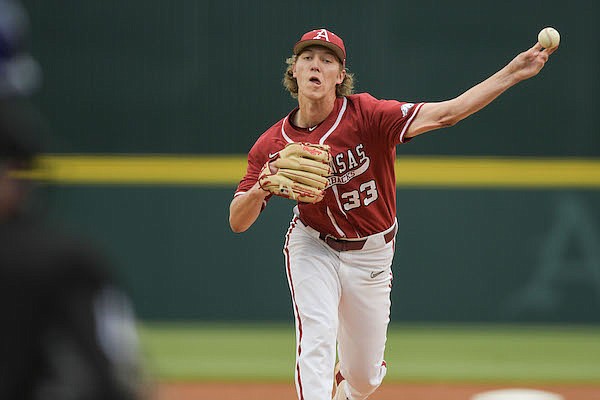 Arkansas pitcher Hagen Smith is shown during a game against LSU on Friday, April 15, 2022, in Fayetteville.