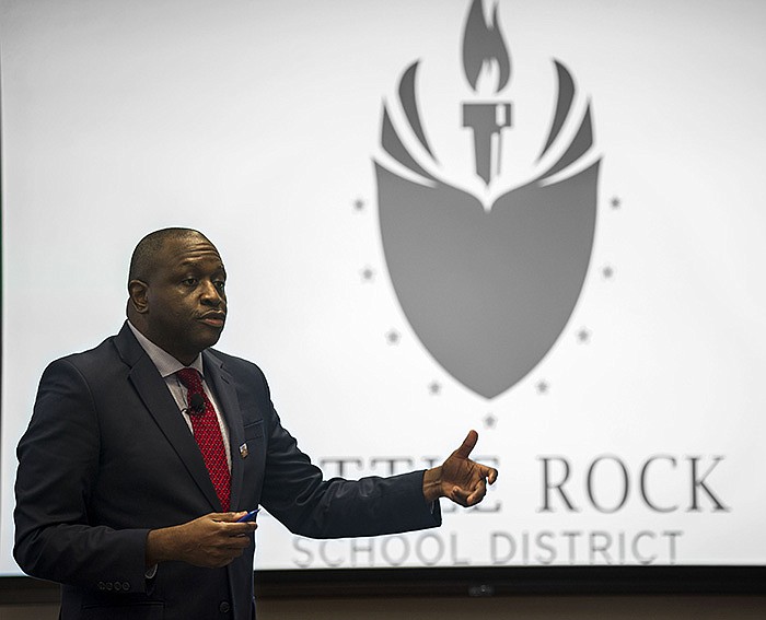 Little Rock School District superintendent candidate Eric Thomas delivers his introduction during a public forum at the district’s administration building in Little Rock on Wednesday.
(Arkansas Democrat-Gazette/Stephen Swofford)