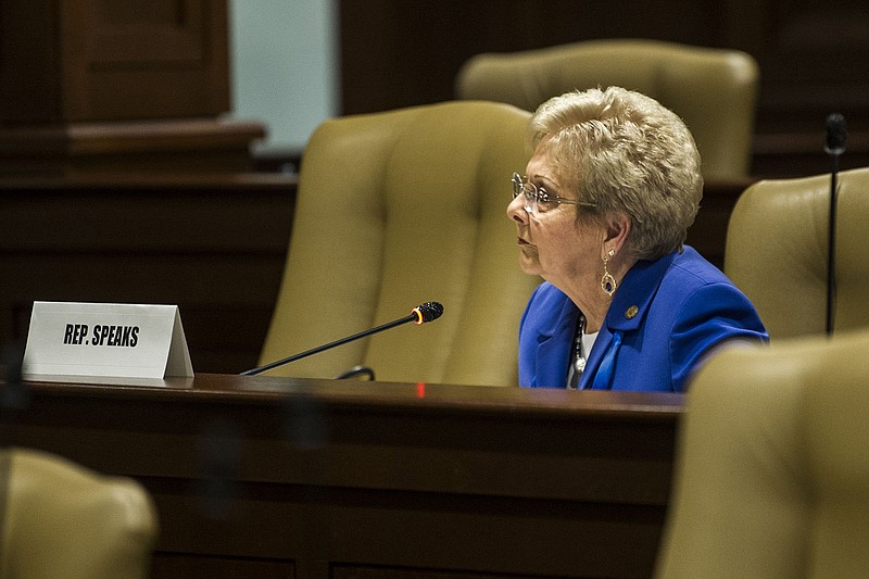 State Rep. Nelda Speaks, R-Mountain Home, asks a question during a meeting of the Uniform Personnel Classification and Compensation Plan Subcommittee of the Arkansas Legislative Council on Wednesday at the state Capitol in Little Rock.
(Arkansas Democrat-Gazette/Stephen Swofford)