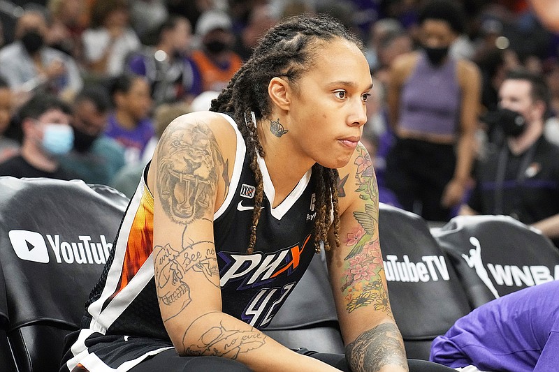 In this Oct. 13, 2021, file photo, Brittney Griner of the Mercury sits during Game 2 of the WNBA Finals against the Sky in Phoenix. (Associated Press)