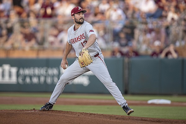 Arkansas' Connor Noland throws against Texas A&M during an NCAA college baseball game Friday, April 22, 2022, in College Station, Texas. (Michael Miller/College Station Eagle via AP)