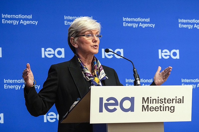 US Secretary of Energy Jennifer M. Granholm speaks during the closing media conference at the International Energy Agency (IEA) ministerial meeting in Paris, on March 24, 2022. Granholm said Wednesday, April 27, 2022, that Russia's war on Ukraine “screams” that the world needs to stop importing oil and gas from Russia and instead move toward other forms of energy.  
(AP Photo/Michel Euler, File)