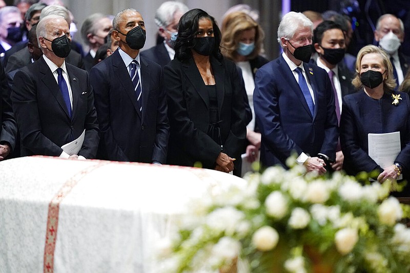 President Joe Biden, left, former President Barack Obama, former first lady Michelle Obama, former President Bill Clinton and former Secretary of State Hillary Clinton, during the funeral service for former Secretary of State Madeleine Albright at the Washington National Cathedral, Wednesday, April 27, 2022, in Washington. (AP/Evan Vucci)