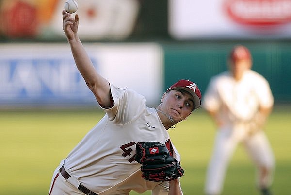 Arkansas pitcher Will McEntire (41) throws a pitch during the top of the third inning of the Razorbacks' game against Central Arkansas on Tuesday, April 26, 2022, at Dickey-Stephens Park in North Little Rock.