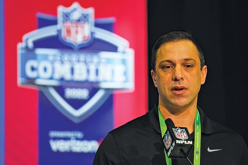 In this March 1 file photo, Chiefs general manager Brett Veach speaks during a press conference at the NFL Combine in Indianapolis. (Associated Press)