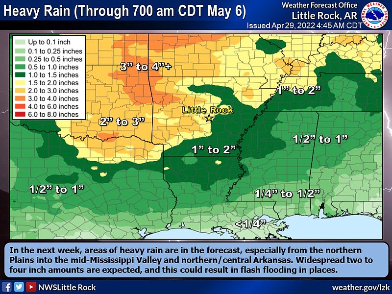 Areas of heavy rain are forecast for next week from Monday to Thursday, especially in northern and Central Arkansas, according to the National Weather Service. (Courtesy of the National Weather Service)