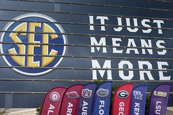 The SEC logo is displayed at the Hyatt Regency hotel in Hoover, Ala., on July 19, 2021, during SEC Media Days for football. (Butch Dill, AP)