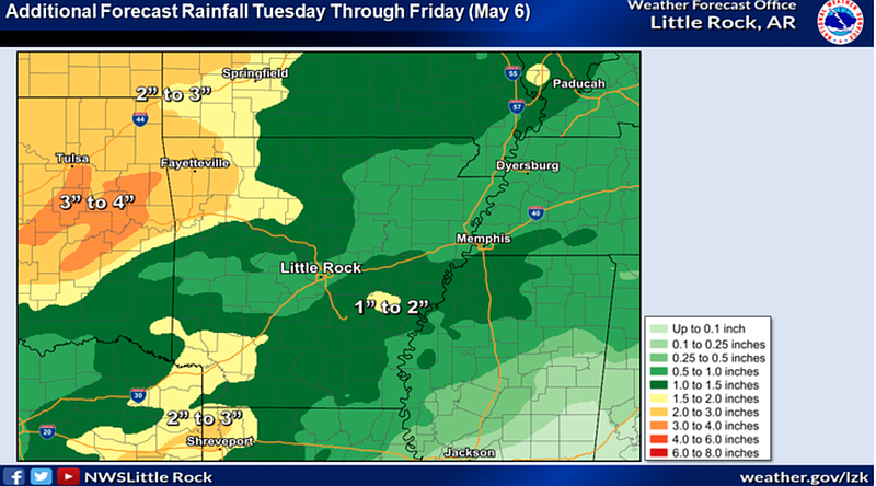Additional rainfall amounts of two to four inches are possible across Northwest Arkansas between Tuesday morning and Friday, forecasters said. (Courtesy of the National Weather Service)