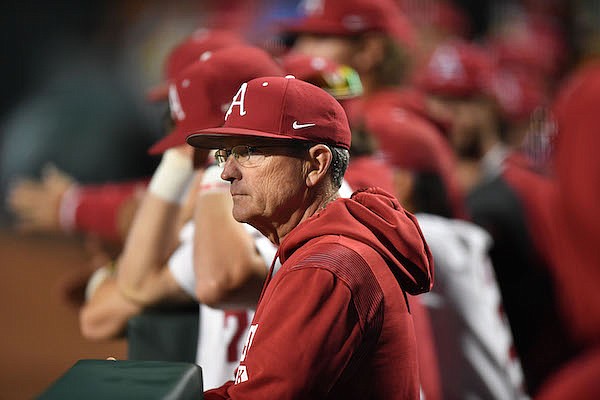 Arkansas coach Dave Van Horn is shown during a game against Missouri State on Tuesday, May 3, 2022, in Fayetteville.