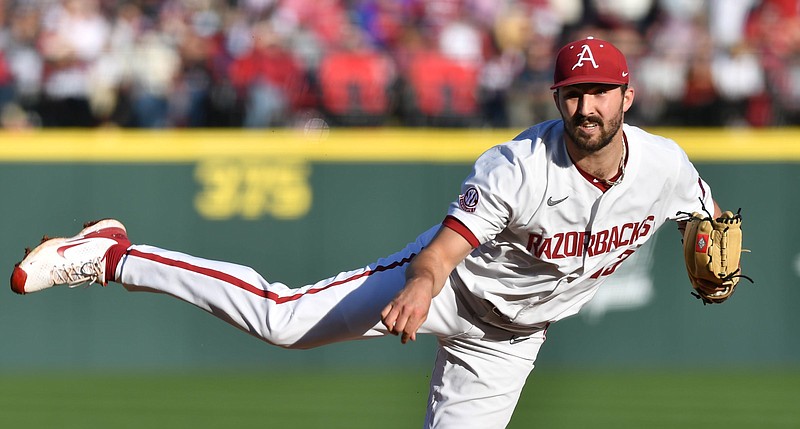 Senior right-hander Connor Noland will start on the mound for No. 3 Arkansas tonight as it opens a three-game series against No. 18 Auburn at Plainsman Park in Auburn, Ala. The Razorbacks lead the SEC West standings, but Auburn, LSU and Texas A&M are all within two games of the Hogs.
(NWA Democrat-Gazette/Andy Shupe)