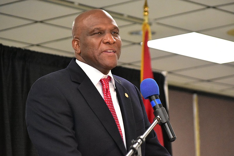 UAPB Athletic Director Chris Robinson delivers the keynote address at the Pine Bluff Regional Chamber of Commerce Expo Breakfast on Thursday at the Pine Bluff Convention Center. 
(Pine Bluff Commercial/I.C. Murrell)