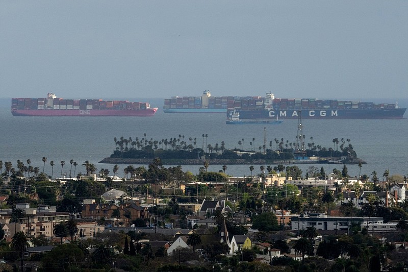 Container ships wait offshore at the Port of Long Beach in March 2021 in Long Beach, Calif.
(Bloomberg/Bing Guan)