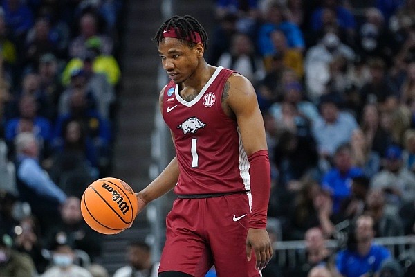 Arkansas guard JD Notae dribbles up the court against Duke during the second half of a college basketball game in the Elite 8 round of the NCAA men's tournament in San Francisco, Saturday, March 26, 2022. (AP Photo/Marcio Jose Sanchez)