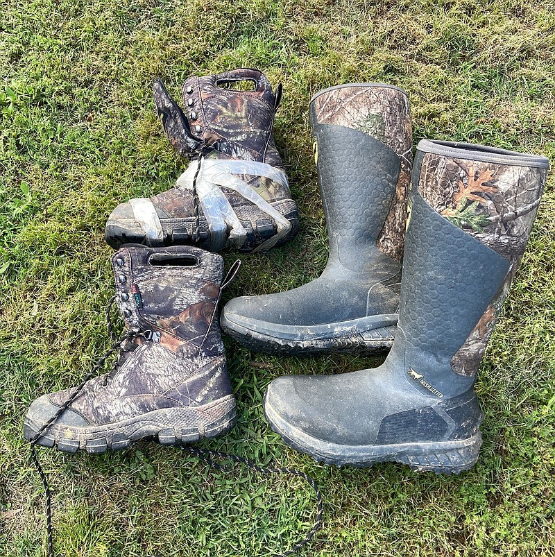 The author’s Itasca Brush Hunter disintegrated two hours into its first hunt, but soldiers on thanks to being bound in postal tape. The Irish Setter MudTrek is an excellent boot that got more comfortable with continued wear.
(Arkansas Democrat-Gazette/Bryan Hendricks)