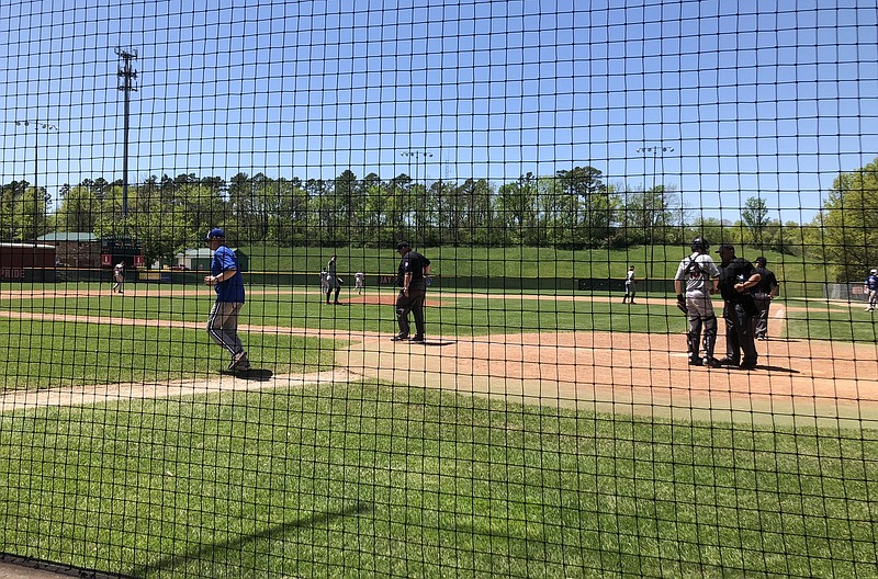 Players prepare Saturday, May 7, 2022, for Game 2 of a doubleheader at Vivion Field between Liberty and Jefferson City with Will Berendzen getting the start on the mound for the Jays. (Trevor Hahn/News Tribune photo)