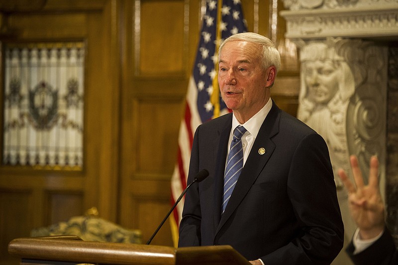 Governor Hutchinson addresses the media during his weekly address on Arkansas' response to COVID-19 on Thursday, Feb. 17, 2022. See more photos at arkansasonline.com/218gov/..(Arkansas Democrat-Gazette/Stephen Swofford)