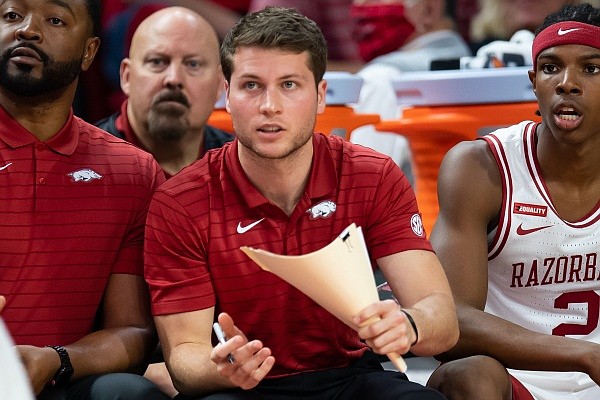 Michael Musselman is shown on the bench during Arkansas' season opener against Mercer on Nov. 9, 2021, at Bud Walton Arena in Fayetteville.