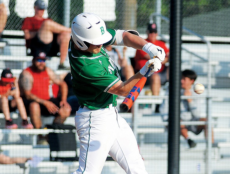 Aiden Boeckmann of Blair Oaks hits an RBI single during Monday’s game against Jefferson City at Vivion Field. (Shaun Zimmerman/News Tribune)