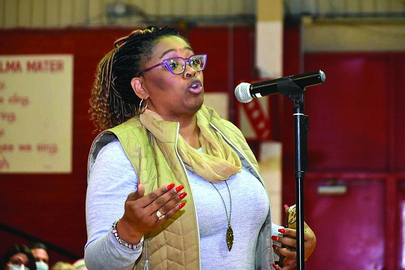 Pine Bluff School District parent Trammell Howell addresses concerns during the district’s annual report to the public, held Jan. 27 at McFadden Gymnasium. 
(Pine Bluff Commercial/I.C. Murrell)